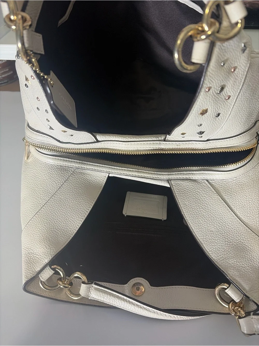 Coach F22744 Chalk Pebbled Leather Studded Rivet Shoulder Bag Purse